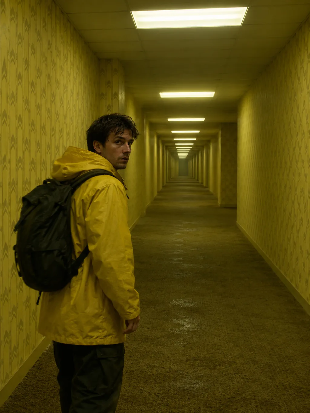 Adult explorer in a yellow raincoat in an eerie yellow-wallpapered corridor with fluorescent lights