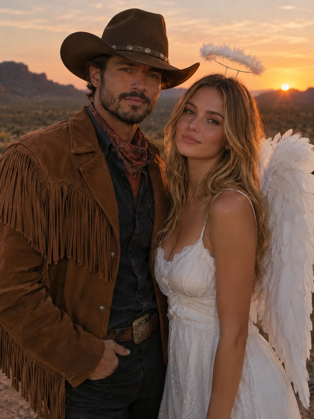 Two adults in coordinated cowboy and angel Halloween costumes on a desert plain at dusk