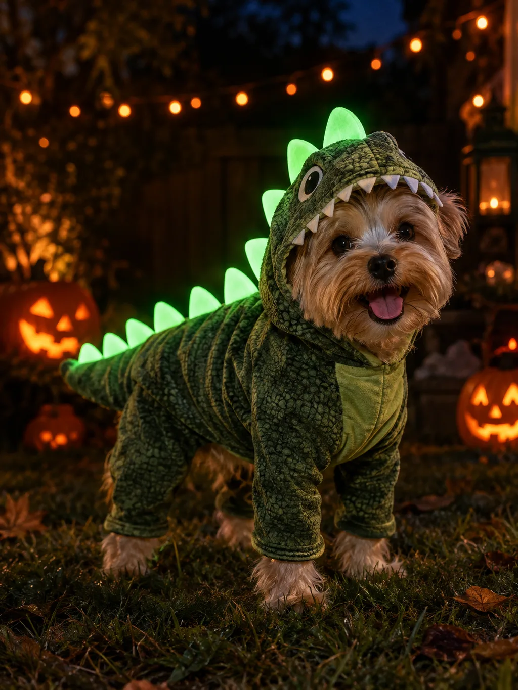 Small dog wearing a glow-in-the-dark dinosaur costume with green luminous spikes in a backyard with Halloween lights