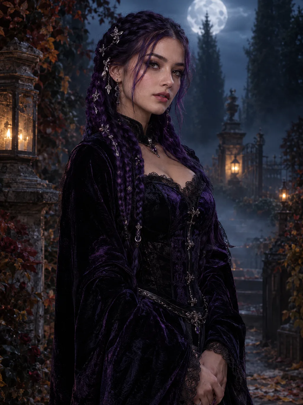 Adult model with long violet braids in a black and purple velvet gothic outfit in a moonlit Victorian garden