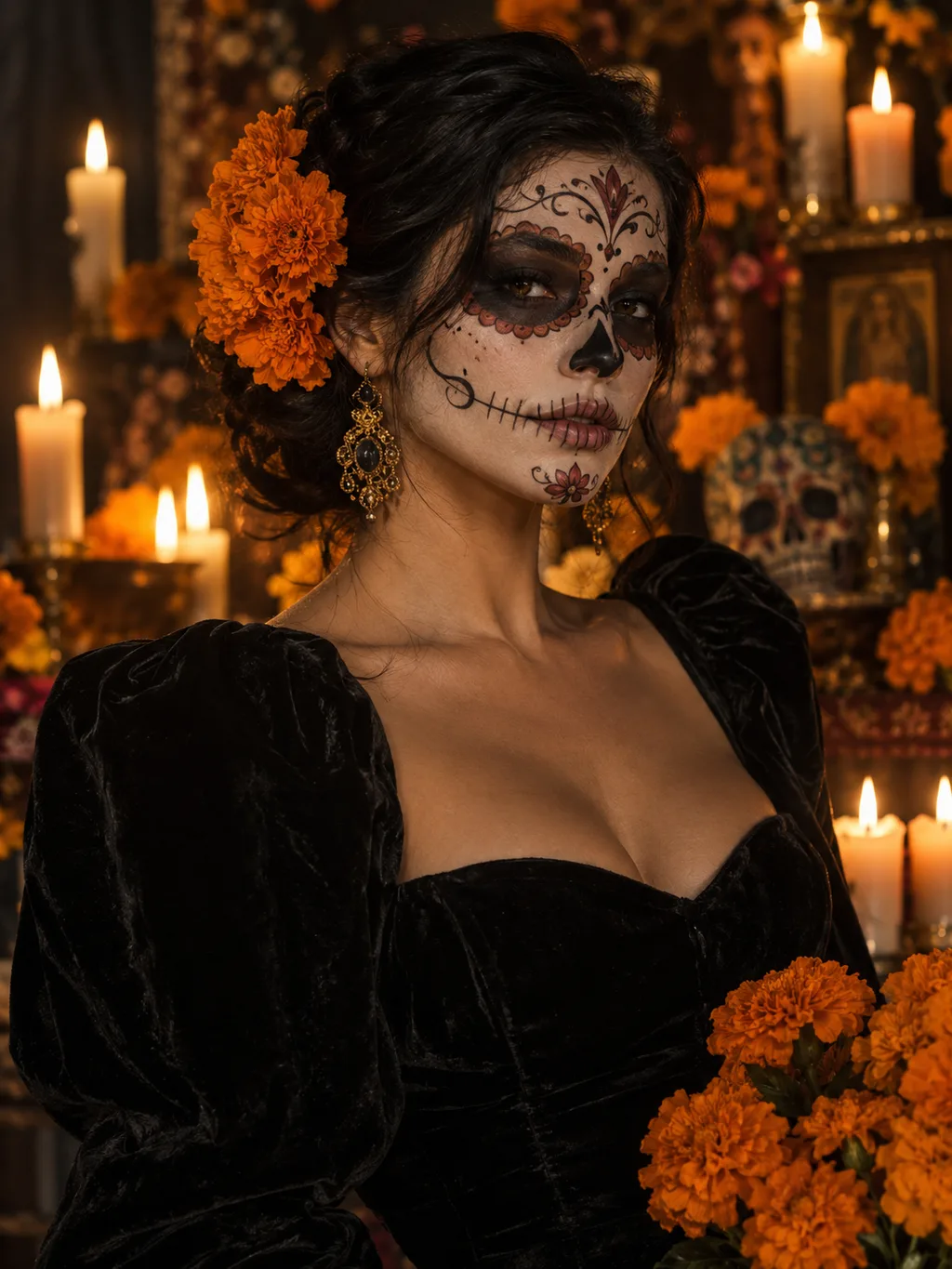 Adult model with elegant Day of the Dead inspired skeleton makeup and marigold flowers in candlelight