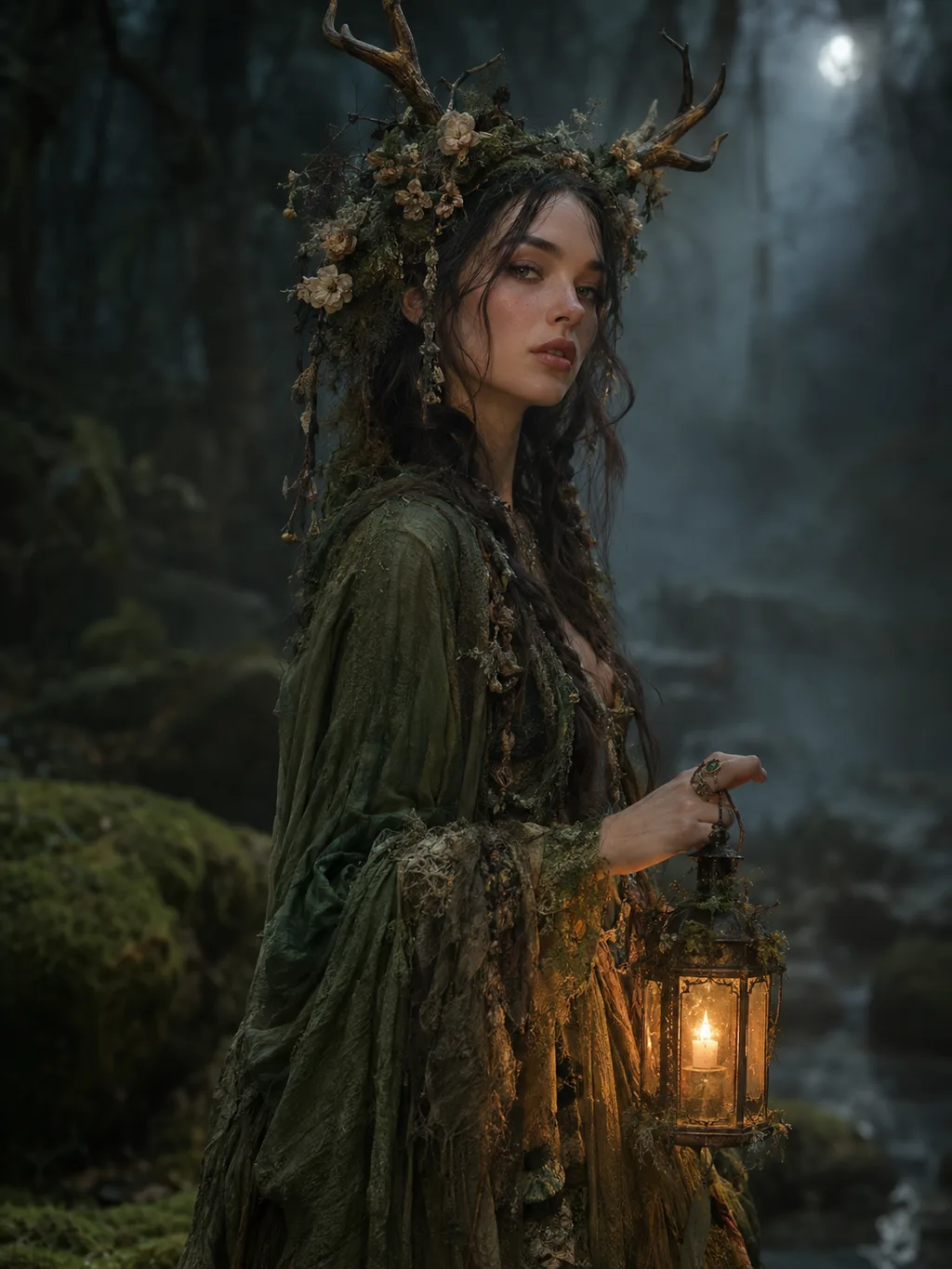 Adult model dressed as a forest witch with moss-green robes, an antler headpiece, and a lantern in a misty forest